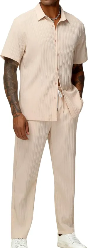 LecGee Men's 2 Piece Vertical Striped Textured Outfits Summer Casual Button Down Shirts And Pants Matching Sets