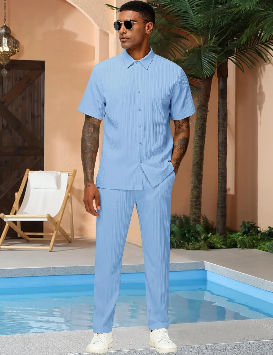 LecGee Men's 2 Piece Vertical Striped Textured Outfits Summer Casual Button Down Shirts And Pants Matching Sets