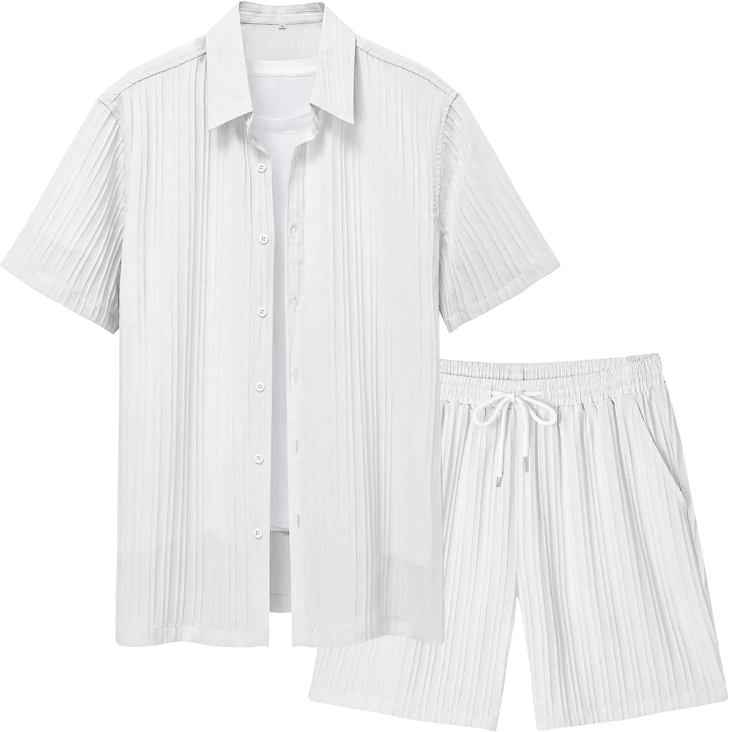 LecGee Men's 2 Piece Vertical Striped Textured Outfits Summer Casual Button Down Shirts and Shorts Matching Sets