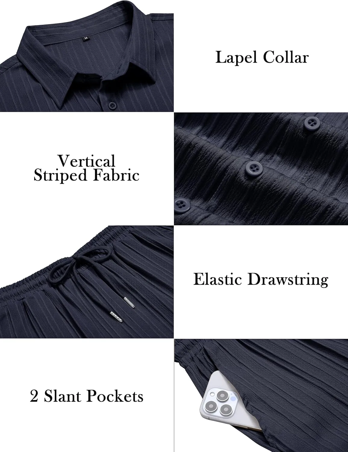 LecGee Men's 2 Piece Vertical Striped Textured Outfits Summer Casual Button Down Shirts and Shorts Matching Sets