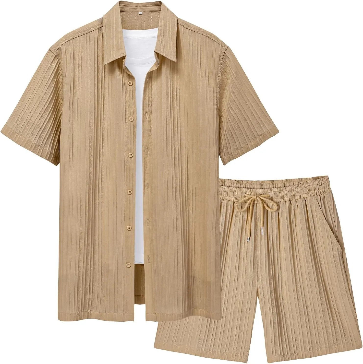 LecGee Men's 2 Piece Vertical Striped Textured Outfits Summer Casual Button Down Shirts and Shorts Matching Sets