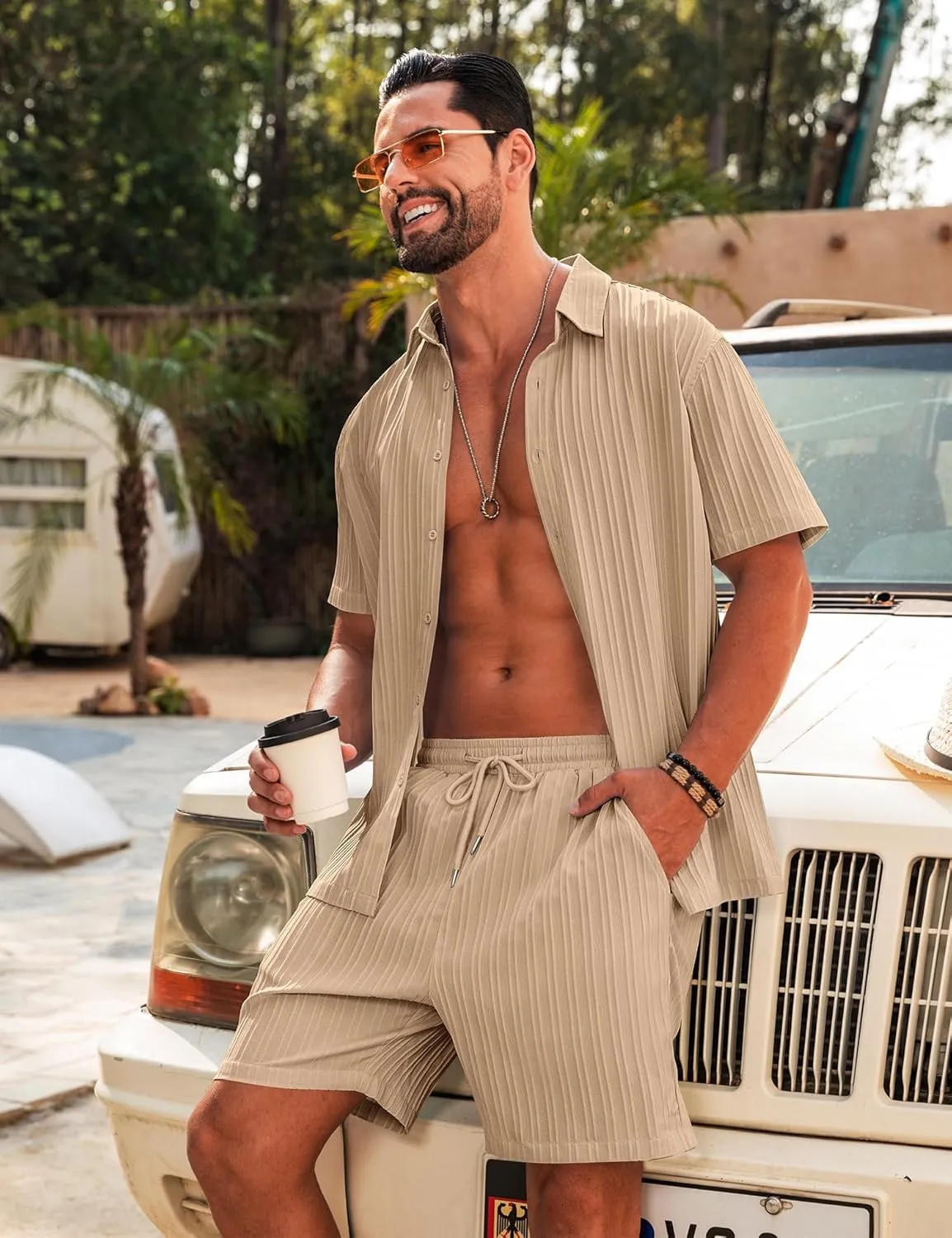 LecGee Men's 2 Piece Vertical Striped Textured Outfits Summer Casual Button Down Shirts and Shorts Matching Sets