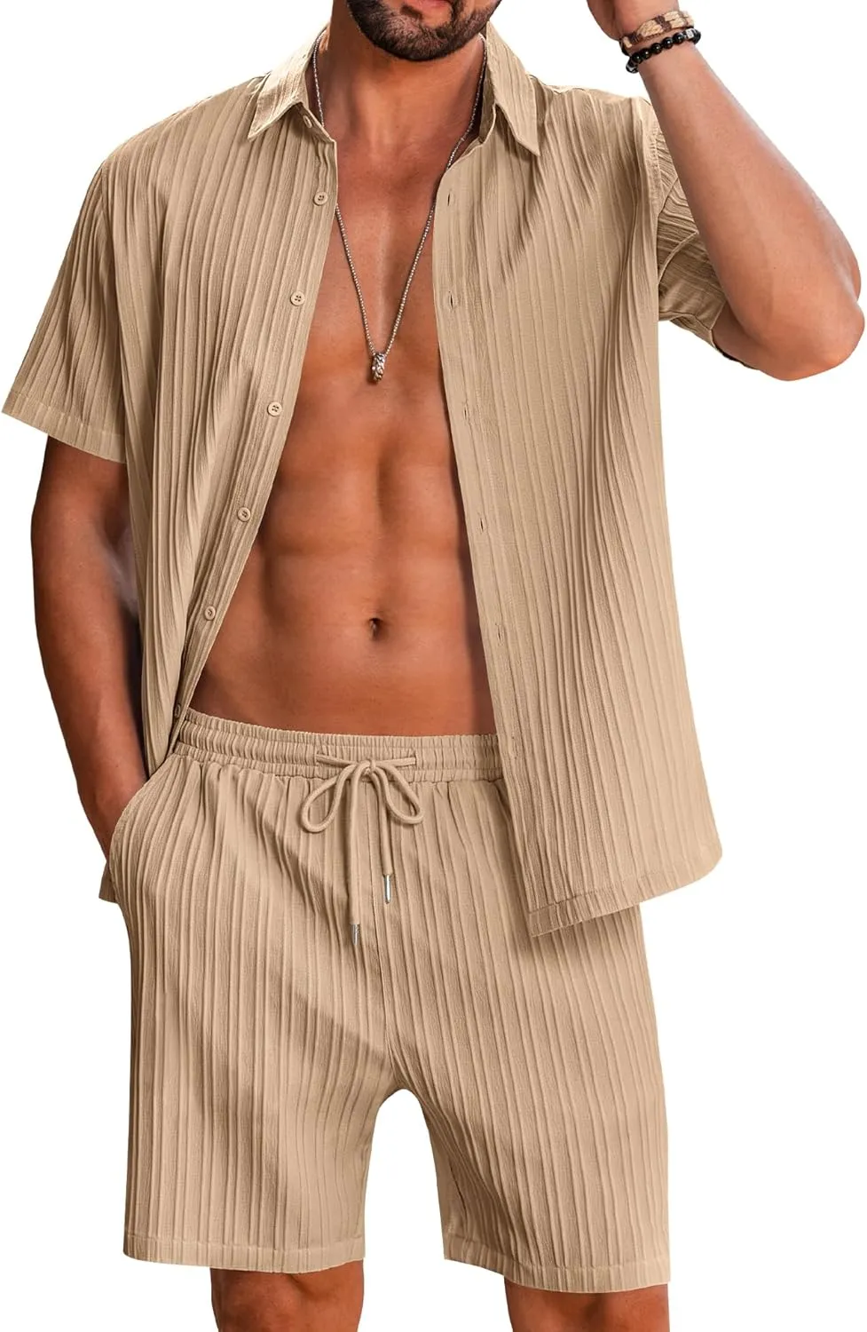 LecGee Men's 2 Piece Vertical Striped Textured Outfits Summer Casual Button Down Shirts and Shorts Matching Sets