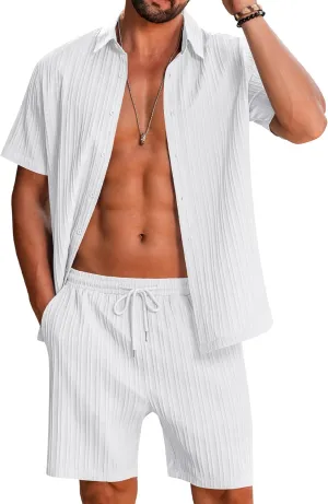 LecGee Men's 2 Piece Vertical Striped Textured Outfits Summer Casual Button Down Shirts and Shorts Matching Sets