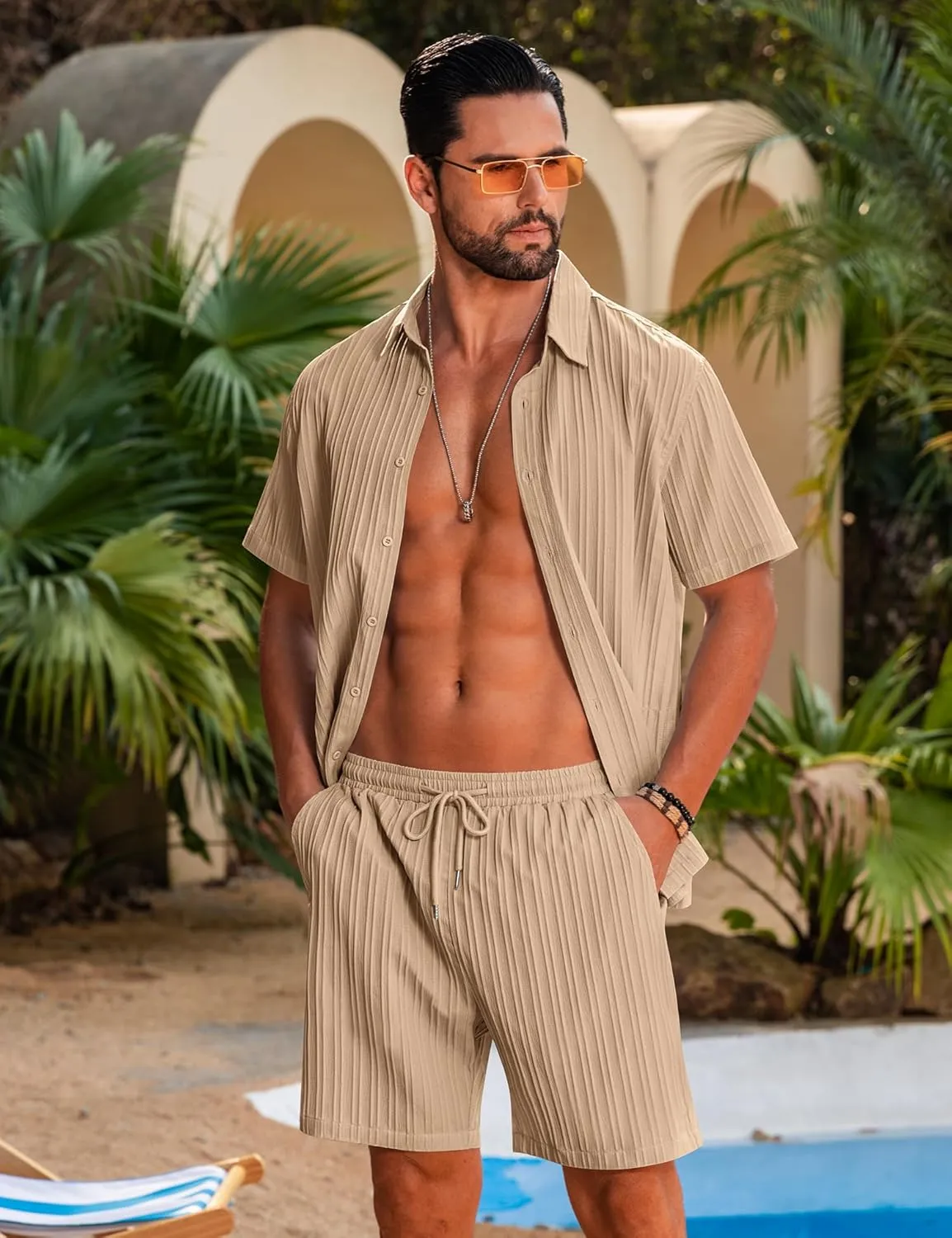 LecGee Men's 2 Piece Vertical Striped Textured Outfits Summer Casual Button Down Shirts and Shorts Matching Sets