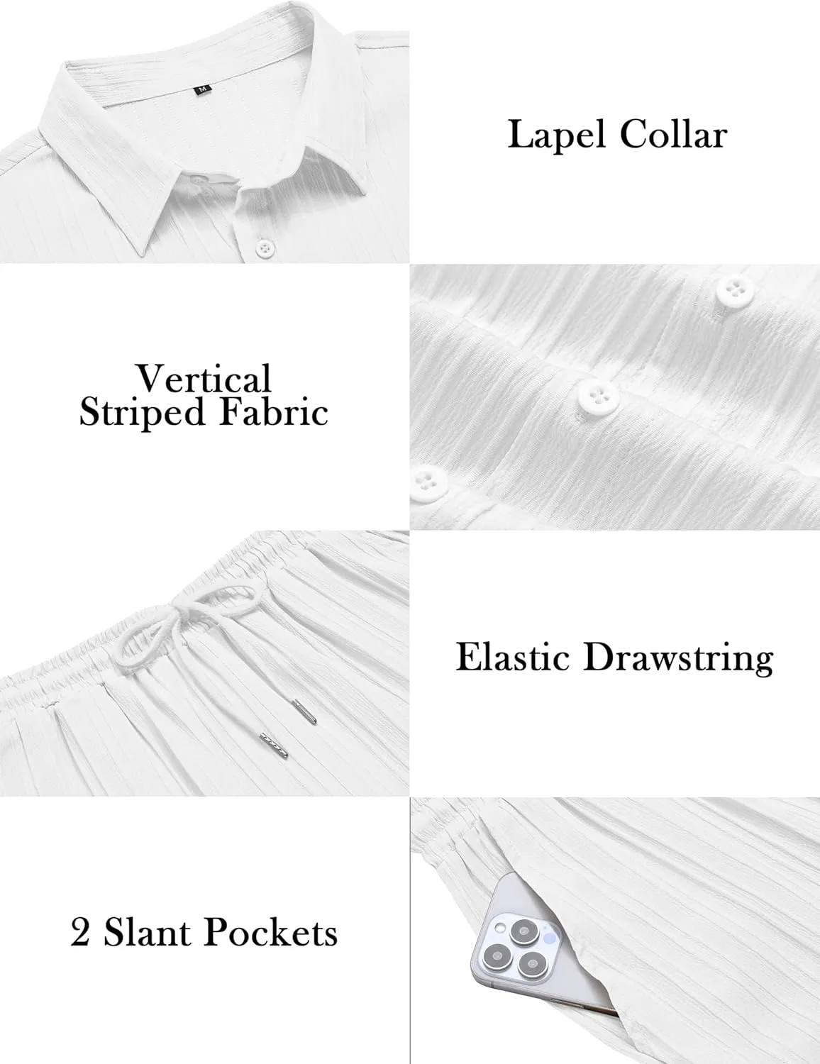 LecGee Men's 2 Piece Vertical Striped Textured Outfits Summer Casual Button Down Shirts and Shorts Matching Sets