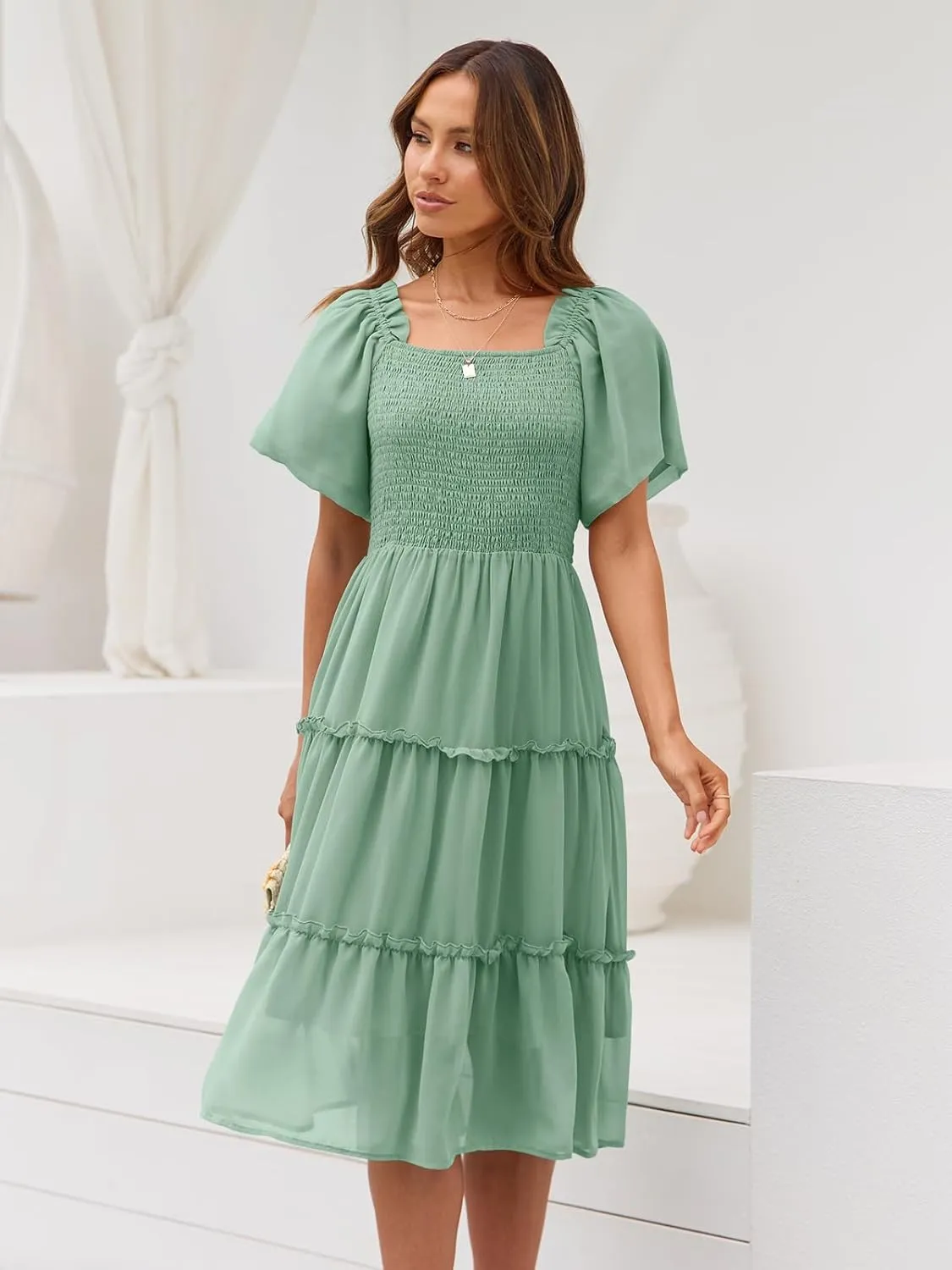 LILLUSORY Women's Summer Casual Flutter Sleeve Square Neck Smocked Midi Dress