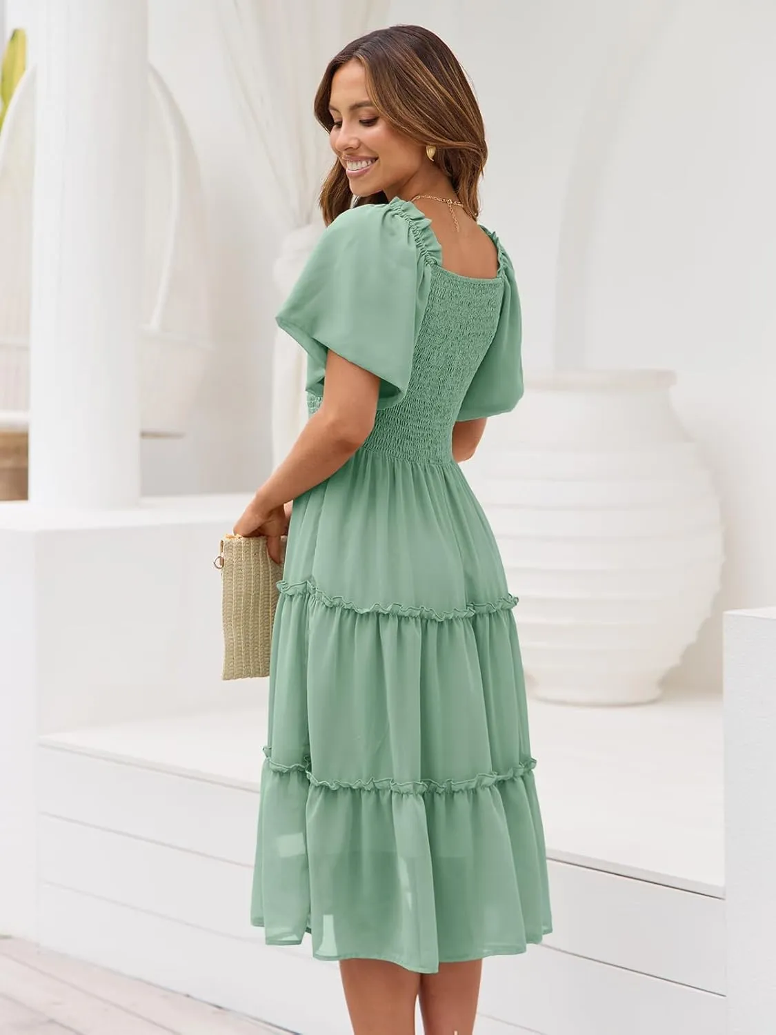 LILLUSORY Women's Summer Casual Flutter Sleeve Square Neck Smocked Midi Dress