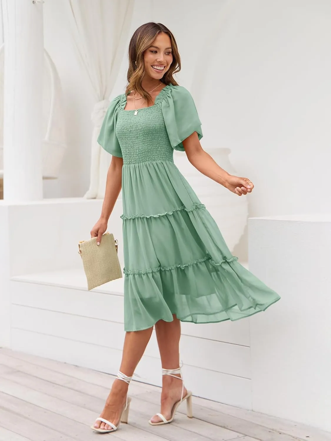 LILLUSORY Women's Summer Casual Flutter Sleeve Square Neck Smocked Midi Dress