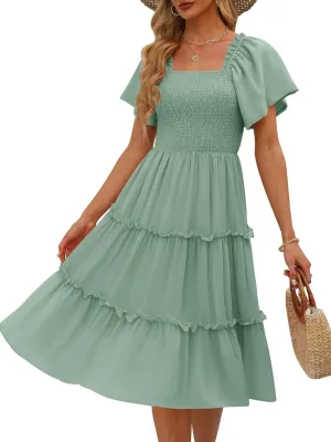 LILLUSORY Women's Summer Casual Flutter Sleeve Square Neck Smocked Midi Dress