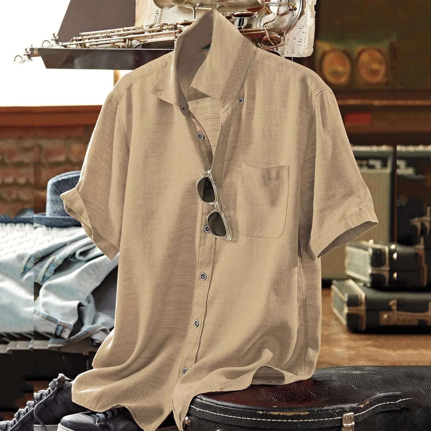 Linen Shirts for Men Trendy Button Down Short Sleeve Summer Beach Wedding Shirt Lightweight Quick Dry Chambray Blouses