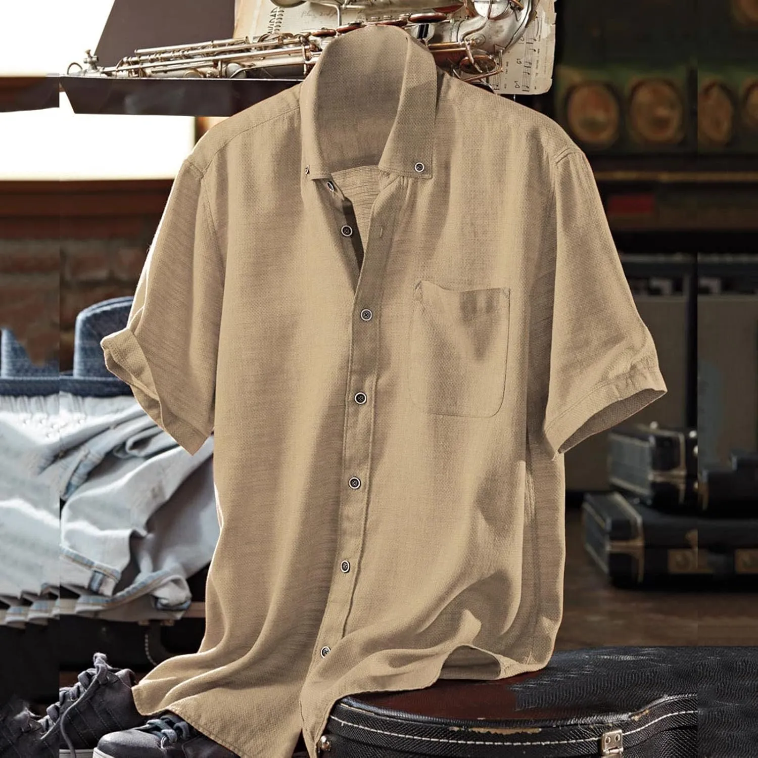 Linen Shirts for Men Trendy Button Down Short Sleeve Summer Beach Wedding Shirt Lightweight Quick Dry Chambray Blouses