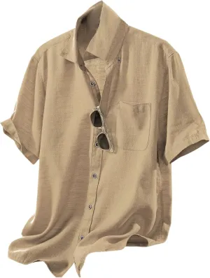 Linen Shirts for Men Trendy Button Down Short Sleeve Summer Beach Wedding Shirt Lightweight Quick Dry Chambray Blouses
