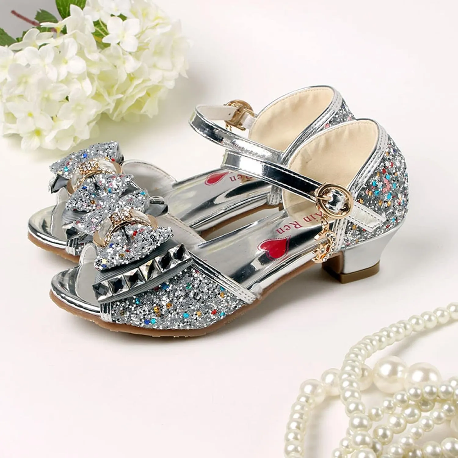 Little Girls Sandals Princess Diamond Decoration Shoes Fish Mouth Open Toe Flower Bow Low Heel Hollow Shoes