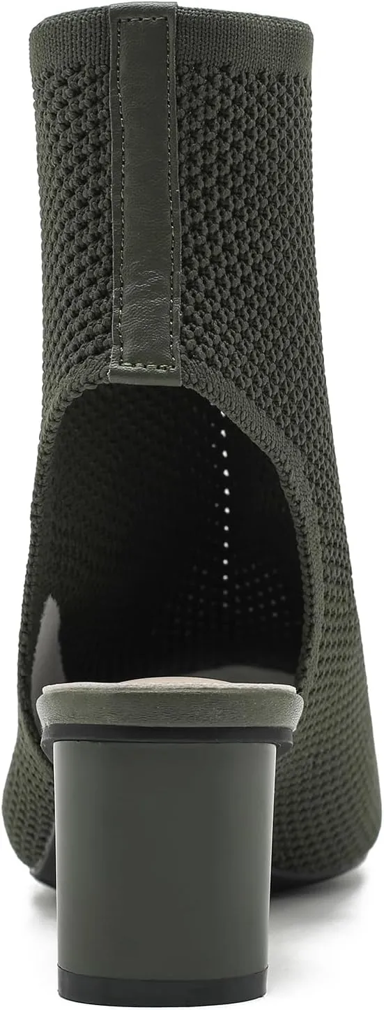 LIURUIJIA Women's Knit Slingback Chunky Heel Ankle Boots Open Toe Booties Hollow Heeled Sandals Summer Casual Slip On Dress Sock Booties For Women