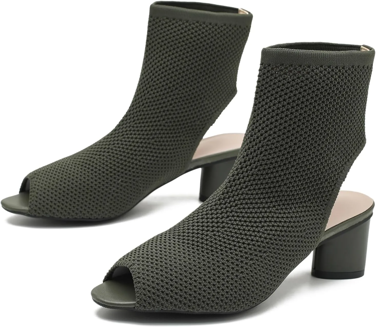 LIURUIJIA Women's Knit Slingback Chunky Heel Ankle Boots Open Toe Booties Hollow Heeled Sandals Summer Casual Slip On Dress Sock Booties For Women
