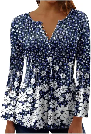 Long Sleeve Tunic Tops for Women Trendy 2023 Vintage Floral Print Button Down Shirts Casual Loose Comfy Fall Blouse
