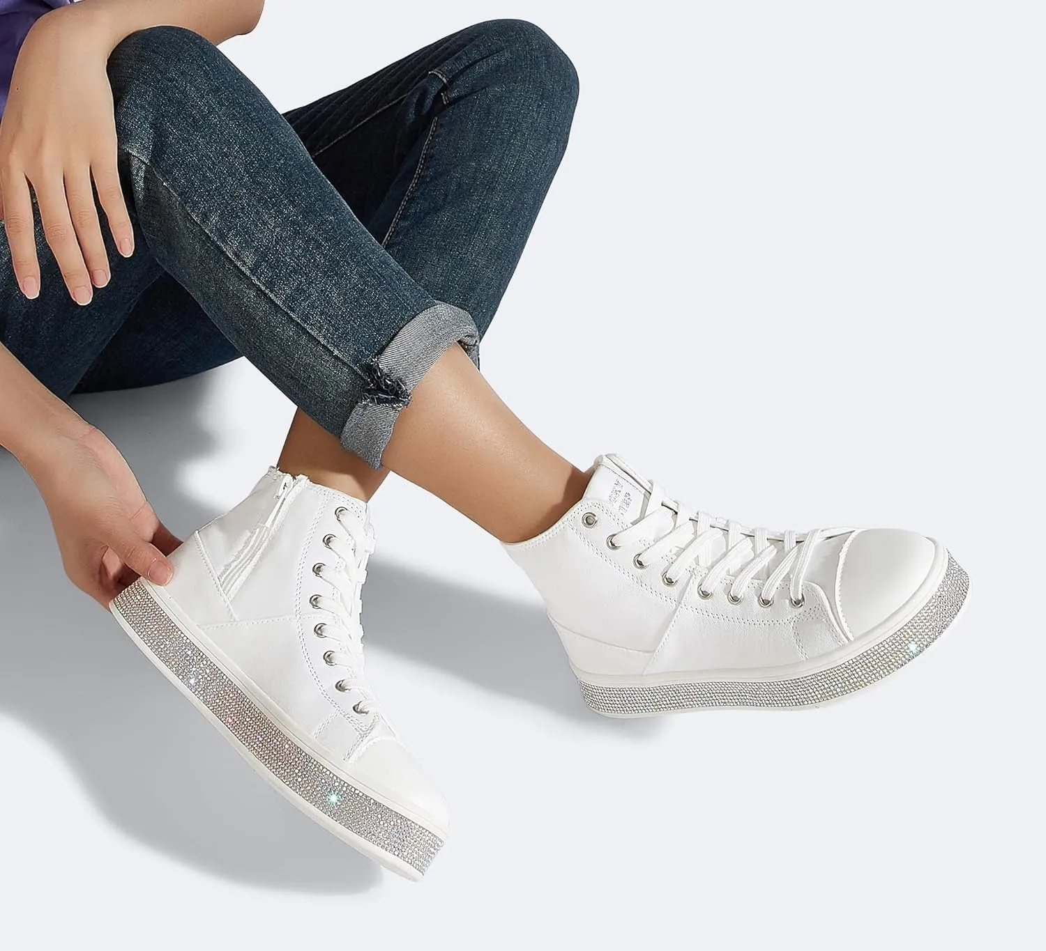 LUCKY STEP Women's High Top Canvas Sneakers Rhinestone Side Zipper Shoes Fashion Sneaker Casual Platform Ankle Boots Walking Canvas Shoes
