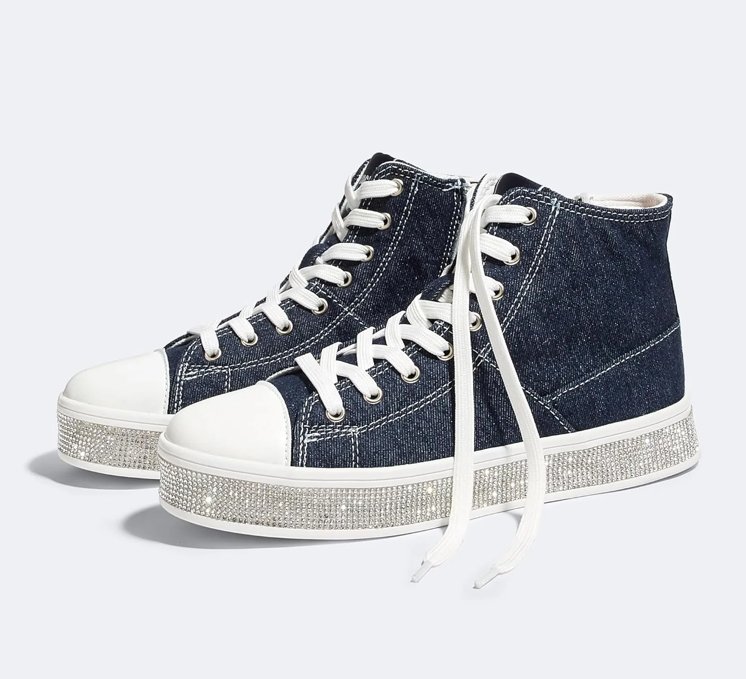 LUCKY STEP Women's High Top Canvas Sneakers Rhinestone Side Zipper Shoes Fashion Sneaker Casual Platform Ankle Boots Walking Canvas Shoes