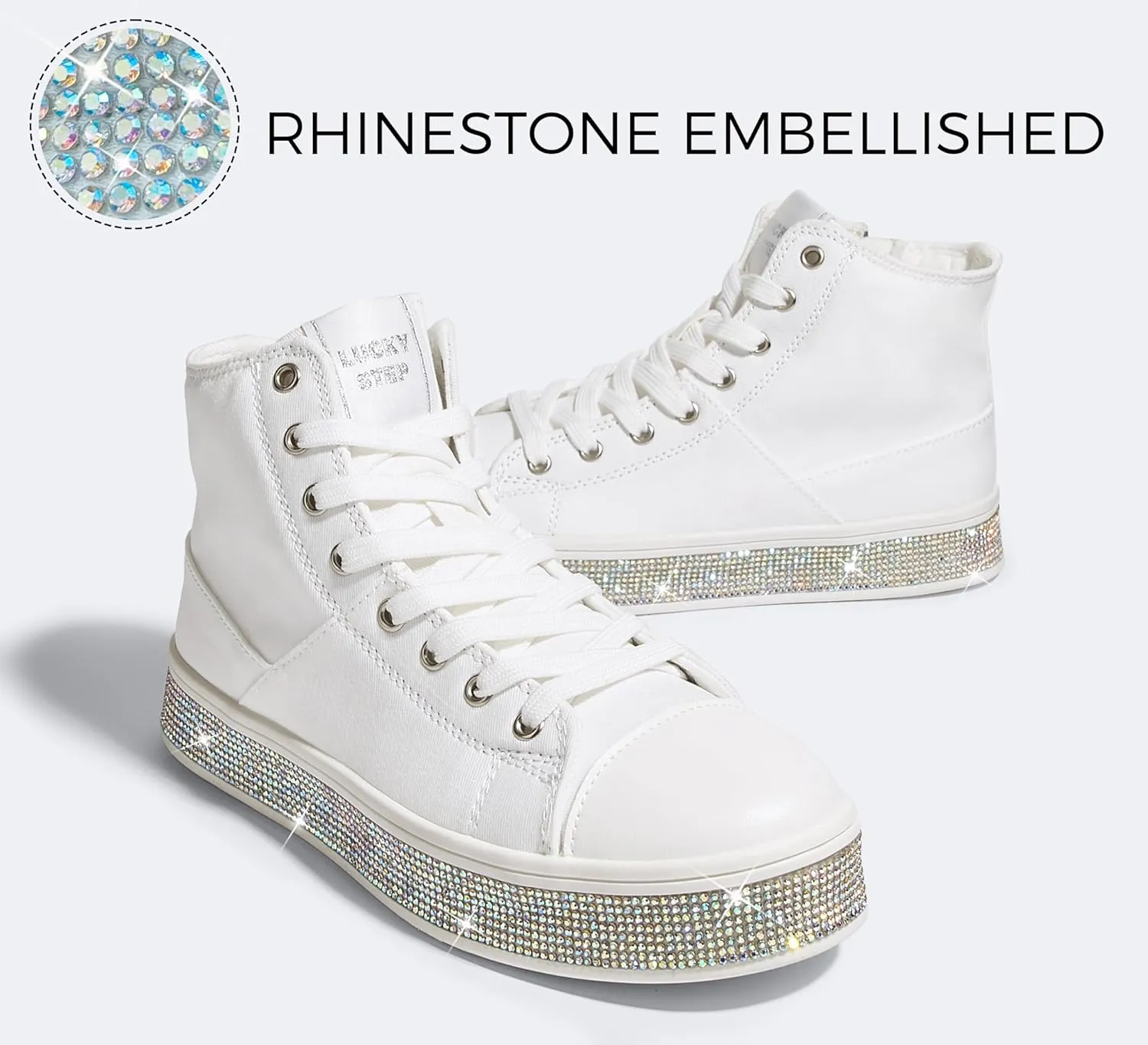LUCKY STEP Women's High Top Canvas Sneakers Rhinestone Side Zipper Shoes Fashion Sneaker Casual Platform Ankle Boots Walking Canvas Shoes