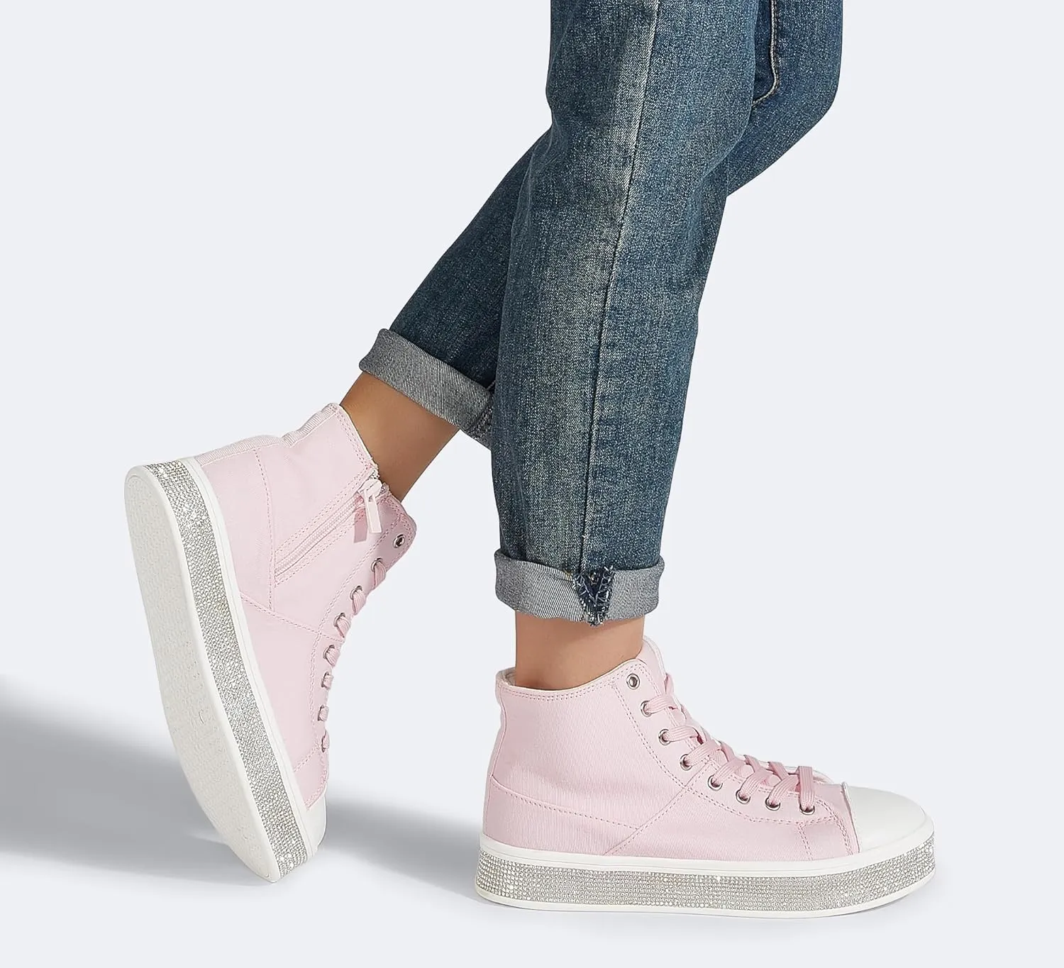 LUCKY STEP Women's High Top Canvas Sneakers Rhinestone Side Zipper Shoes Fashion Sneaker Casual Platform Ankle Boots Walking Canvas Shoes