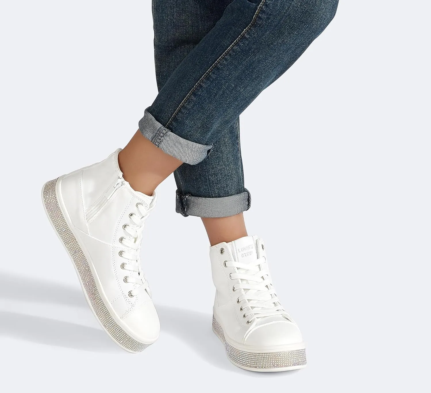 LUCKY STEP Women's High Top Canvas Sneakers Rhinestone Side Zipper Shoes Fashion Sneaker Casual Platform Ankle Boots Walking Canvas Shoes