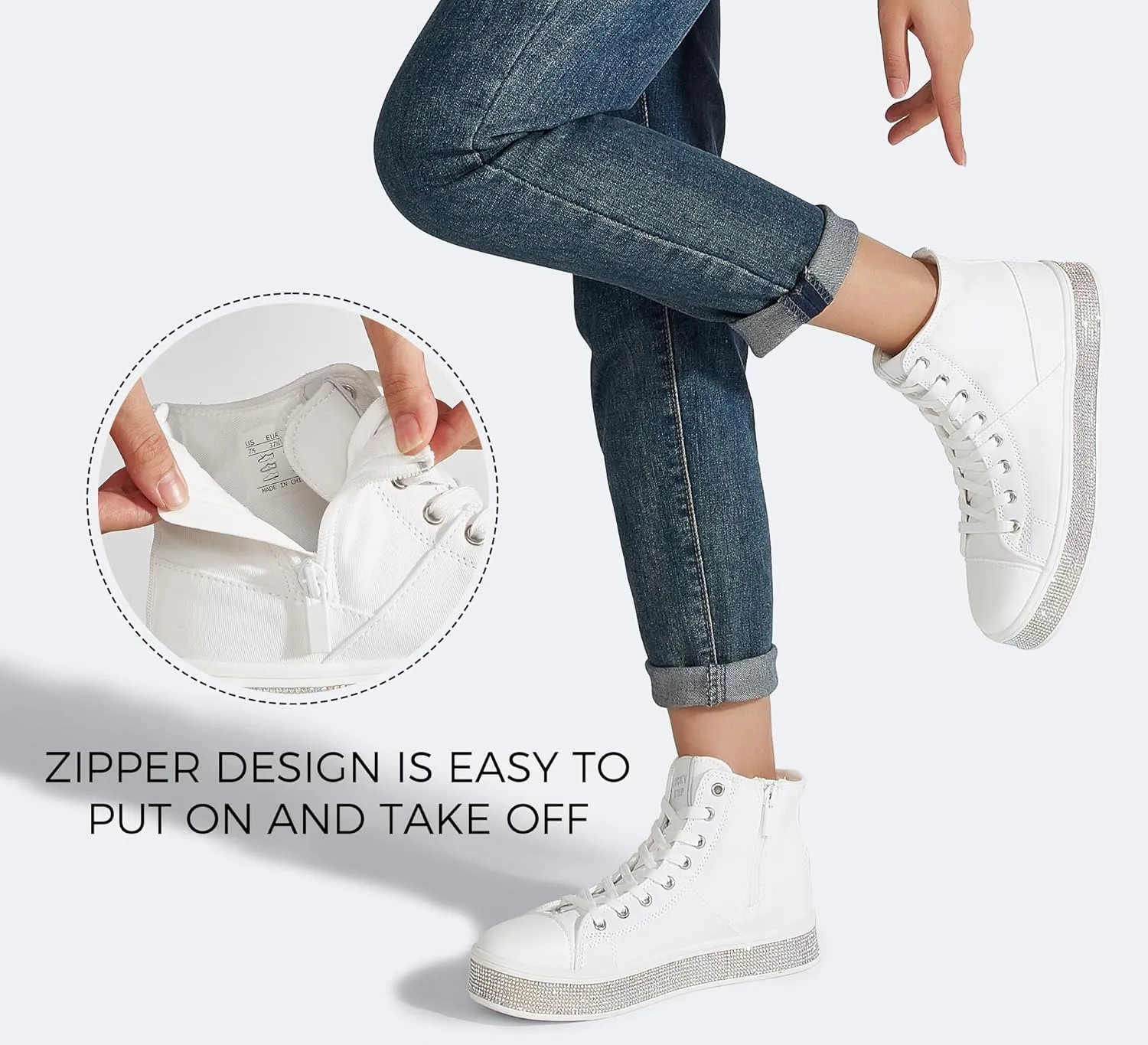 LUCKY STEP Women's High Top Canvas Sneakers Rhinestone Side Zipper Shoes Fashion Sneaker Casual Platform Ankle Boots Walking Canvas Shoes