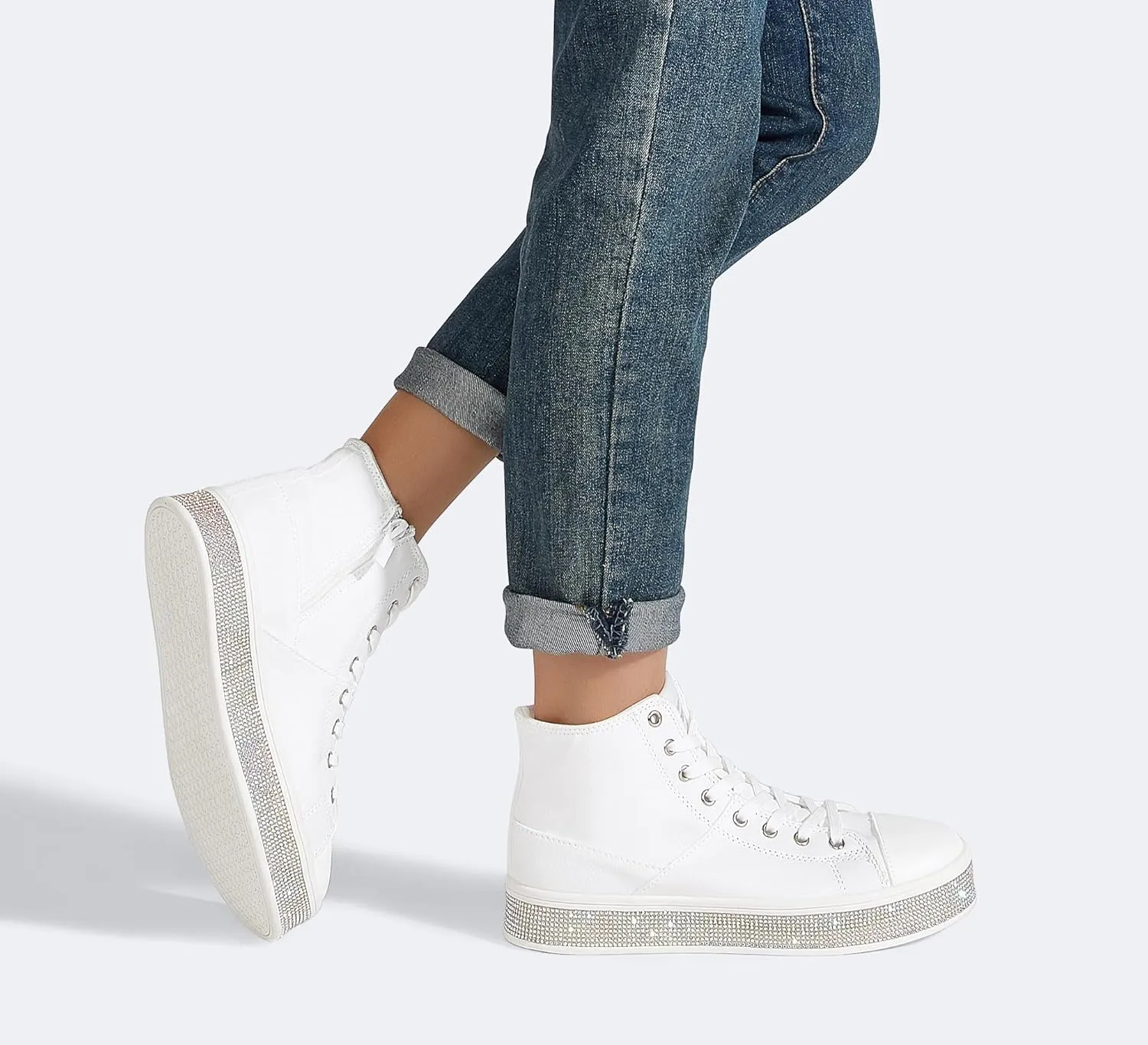 LUCKY STEP Women's High Top Canvas Sneakers Rhinestone Side Zipper Shoes Fashion Sneaker Casual Platform Ankle Boots Walking Canvas Shoes