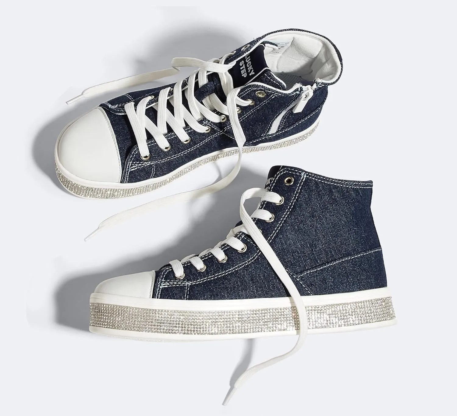 LUCKY STEP Women's High Top Canvas Sneakers Rhinestone Side Zipper Shoes Fashion Sneaker Casual Platform Ankle Boots Walking Canvas Shoes