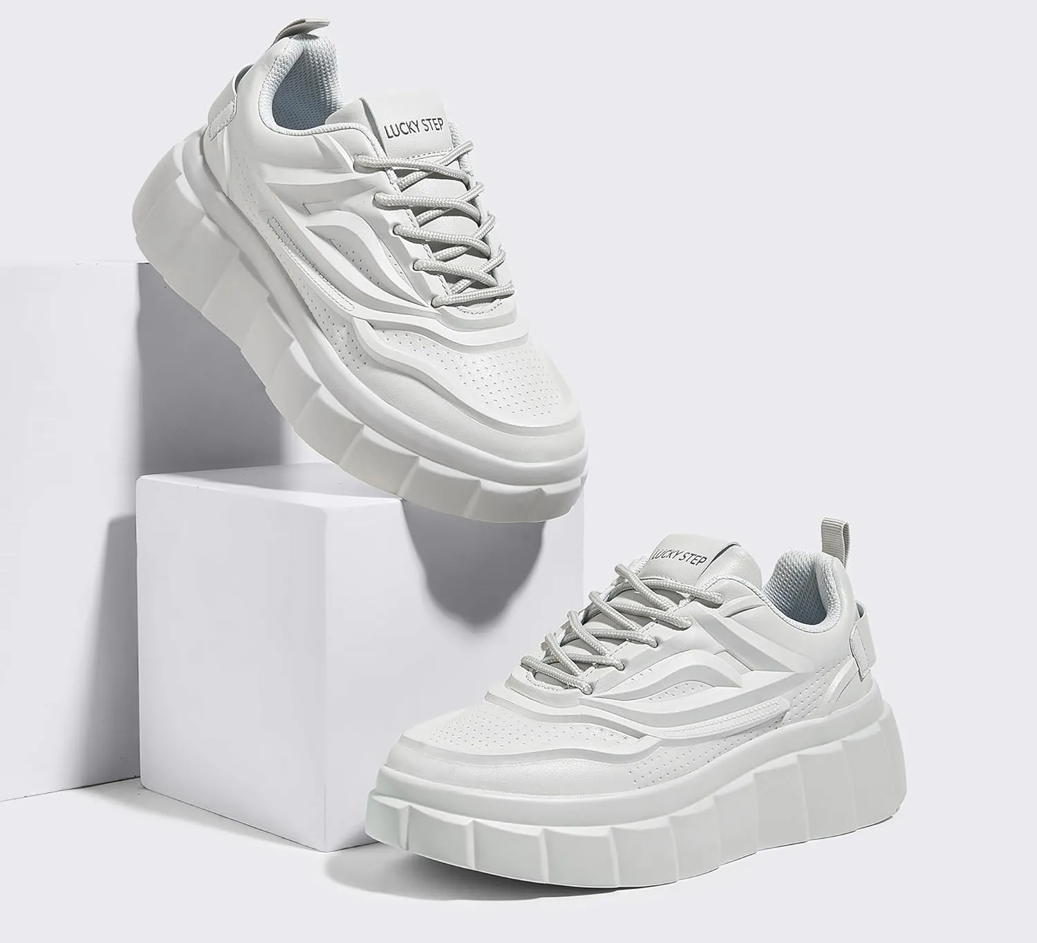 LUCKY STEP Women's Platform Fashion Sneakers Classic Tennis Faux Leather Low Top Casual Walking Shoes