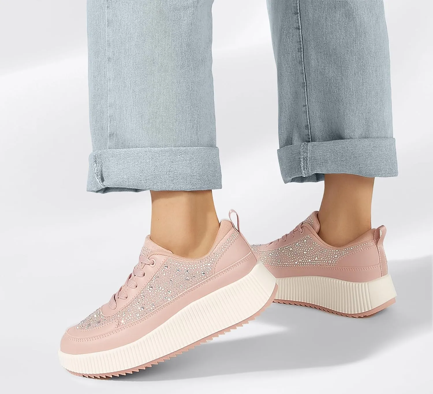 LUCKY STEP Women's Platform Sneakers Rhinestone Fashion Chunky Casual Sparkly Retro Braided Walking Shoes