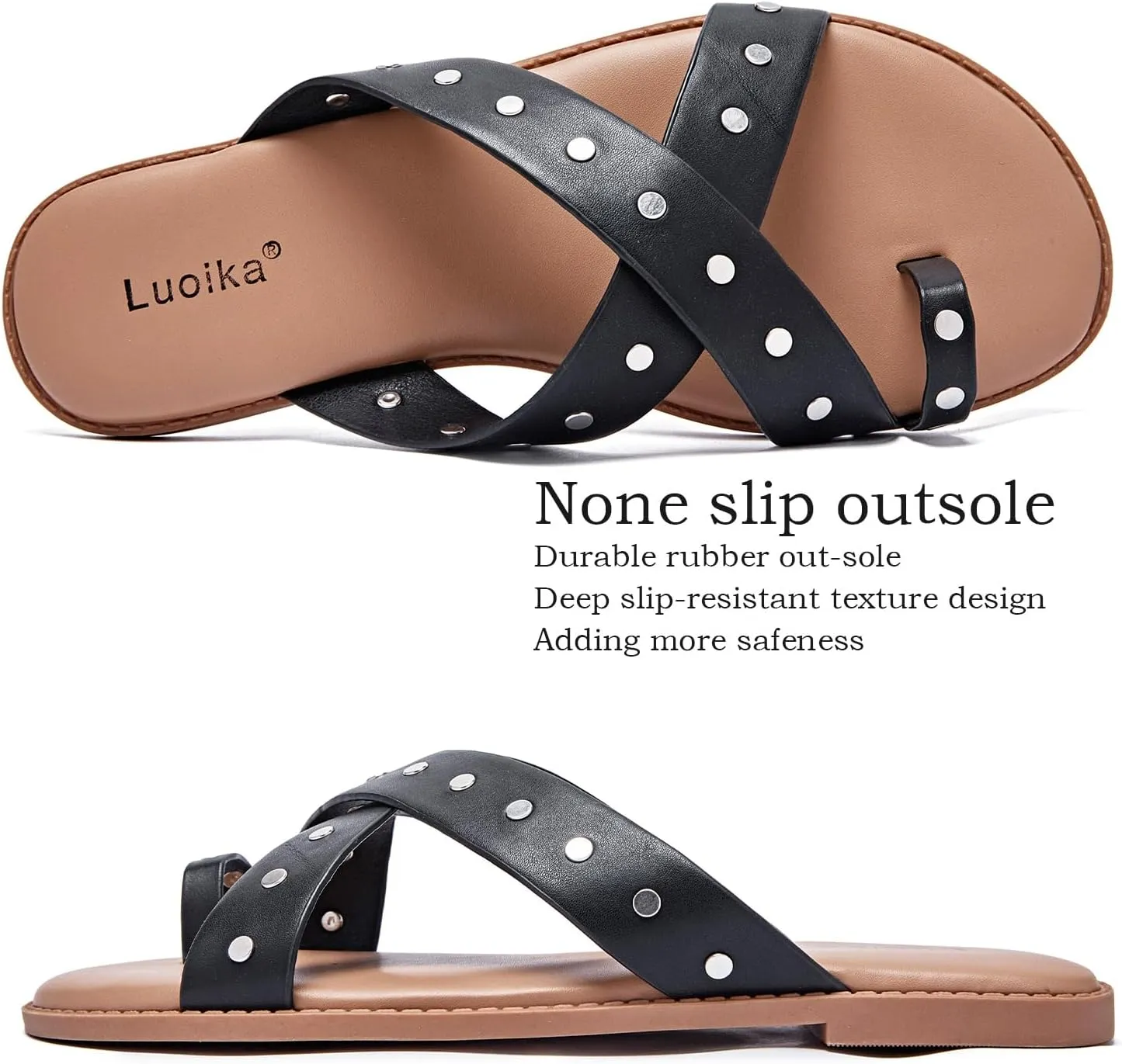 Luoika Women's Wide Width Flat Sandals, Flip Flop Slides Sandal Casual Strapy Sandal Slip on Summer Beach Shoes for Women.