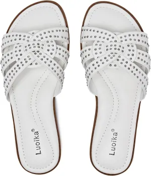 Luoika Women's Wide Width Flat Slides Sandals, Strapy Slide Sandal Slip on Dressy Summer Shoes for Women.