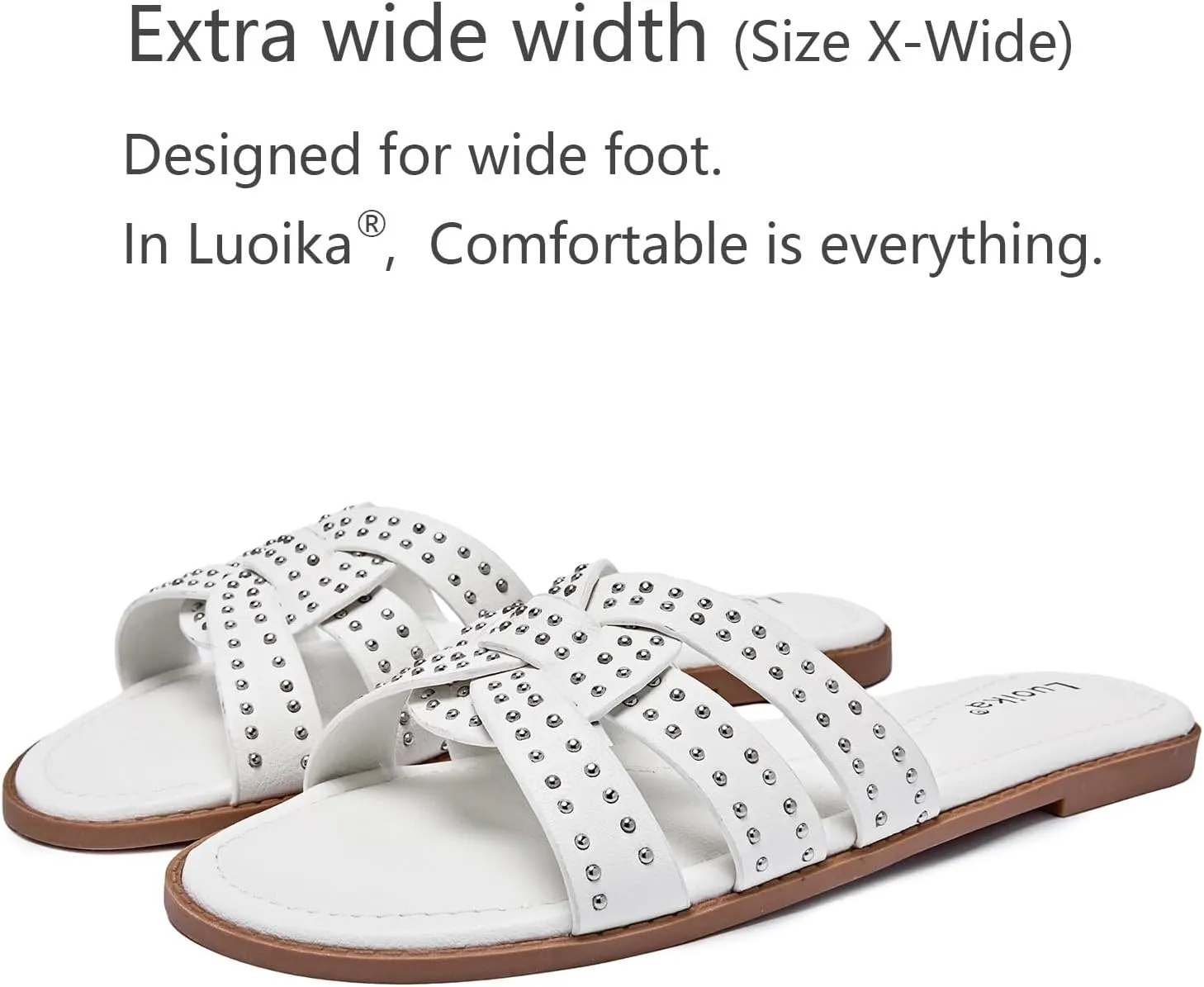 Luoika Women's Wide Width Flat Slides Sandals, Strapy Slide Sandal Slip on Dressy Summer Shoes for Women.