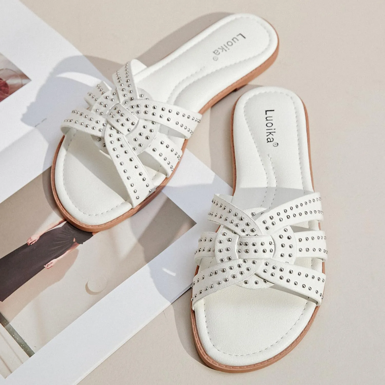 Luoika Women's Wide Width Flat Slides Sandals, Strapy Slide Sandal Slip on Dressy Summer Shoes for Women.