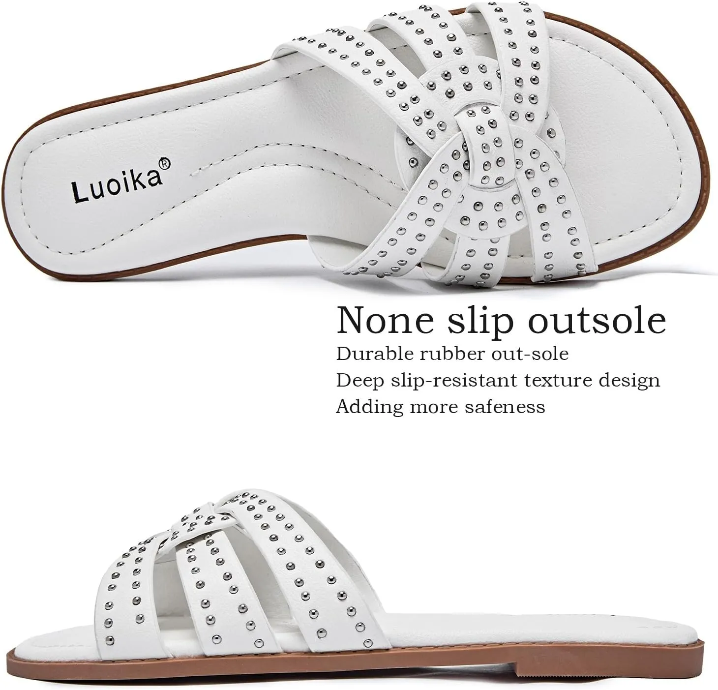 Luoika Women's Wide Width Flat Slides Sandals, Strapy Slide Sandal Slip on Dressy Summer Shoes for Women.