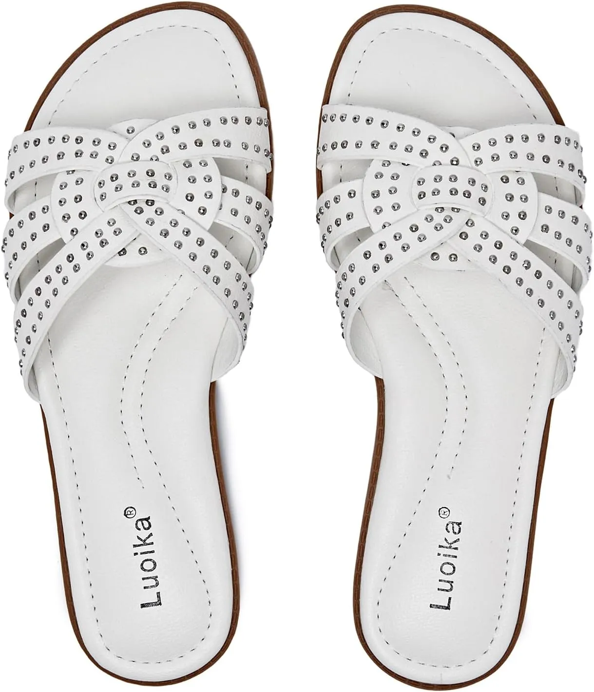 Luoika Women's Wide Width Flat Slides Sandals, Strapy Slide Sandal Slip on Dressy Summer Shoes for Women.
