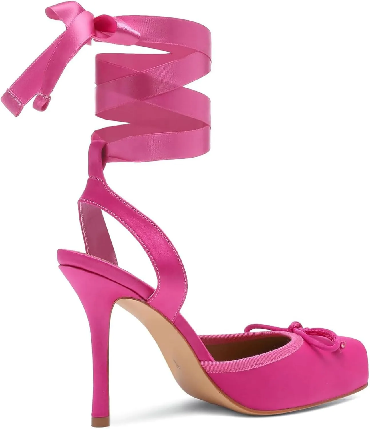 Meefit Satin Ballet Shoes Stiletto High Heels Closed Square Toe Ballerian Pumps with Bow Tie Lace Up Spring Heels
