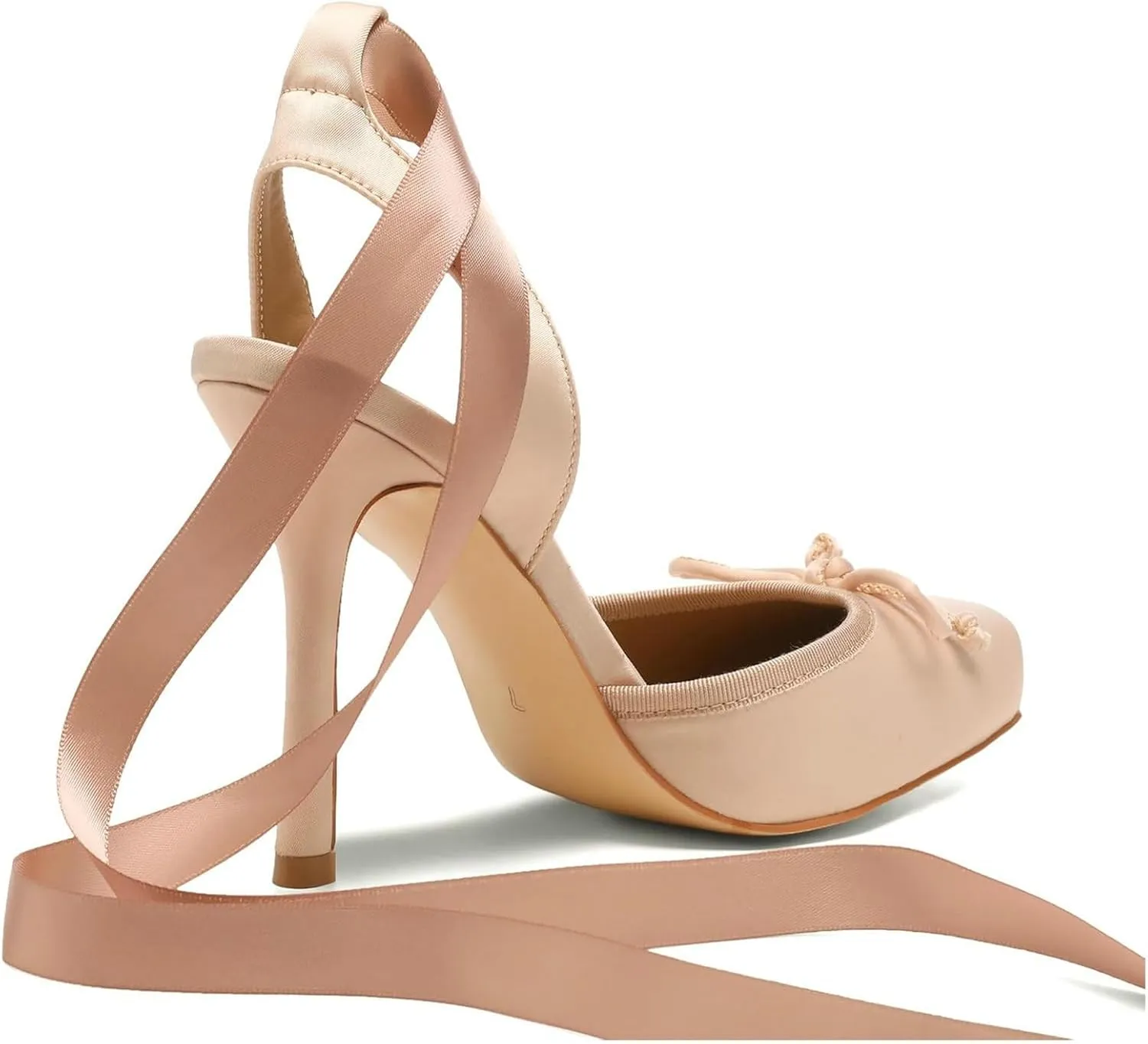 Meefit Satin Ballet Shoes Stiletto High Heels Closed Square Toe Ballerian Pumps with Bow Tie Lace Up Spring Heels