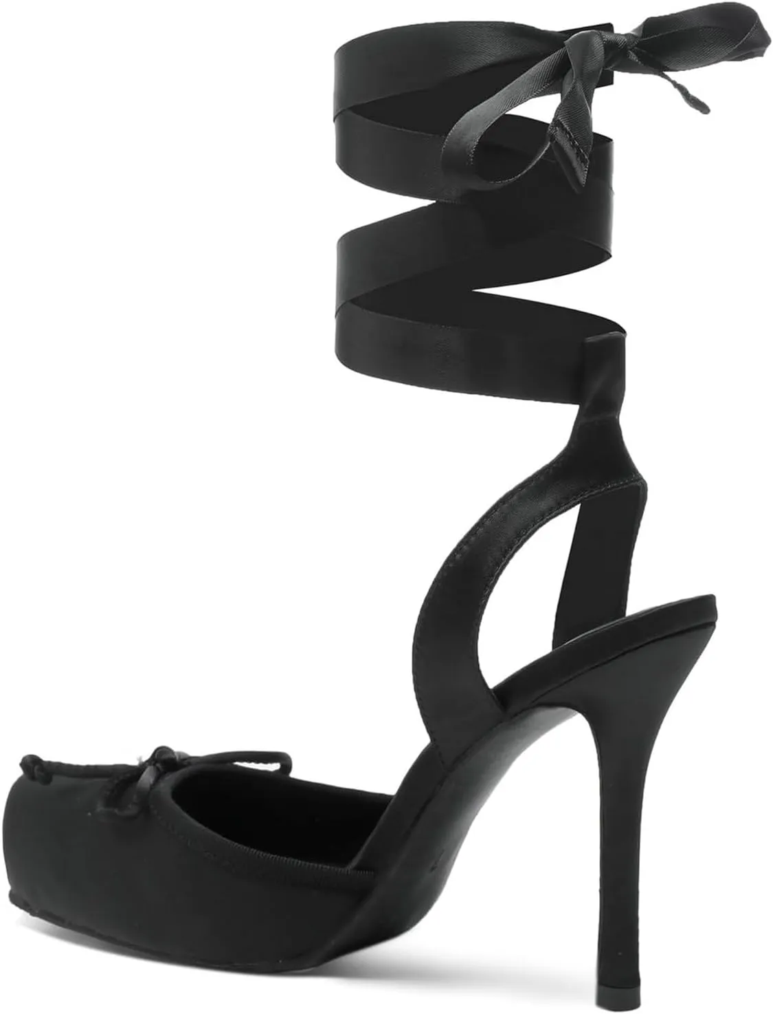 Meefit Satin Ballet Shoes Stiletto High Heels Closed Square Toe Ballerian Pumps with Bow Tie Lace Up Spring Heels