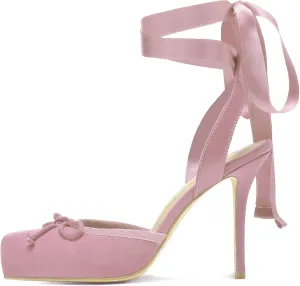 Meefit Satin Ballet Shoes Stiletto High Heels Closed Square Toe Ballerian Pumps with Bow Tie Lace Up Spring Heels
