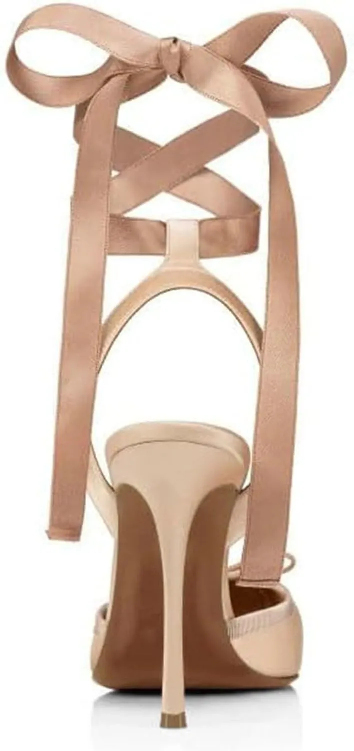 Meefit Satin Ballet Shoes Stiletto High Heels Closed Square Toe Ballerian Pumps with Bow Tie Lace Up Spring Heels