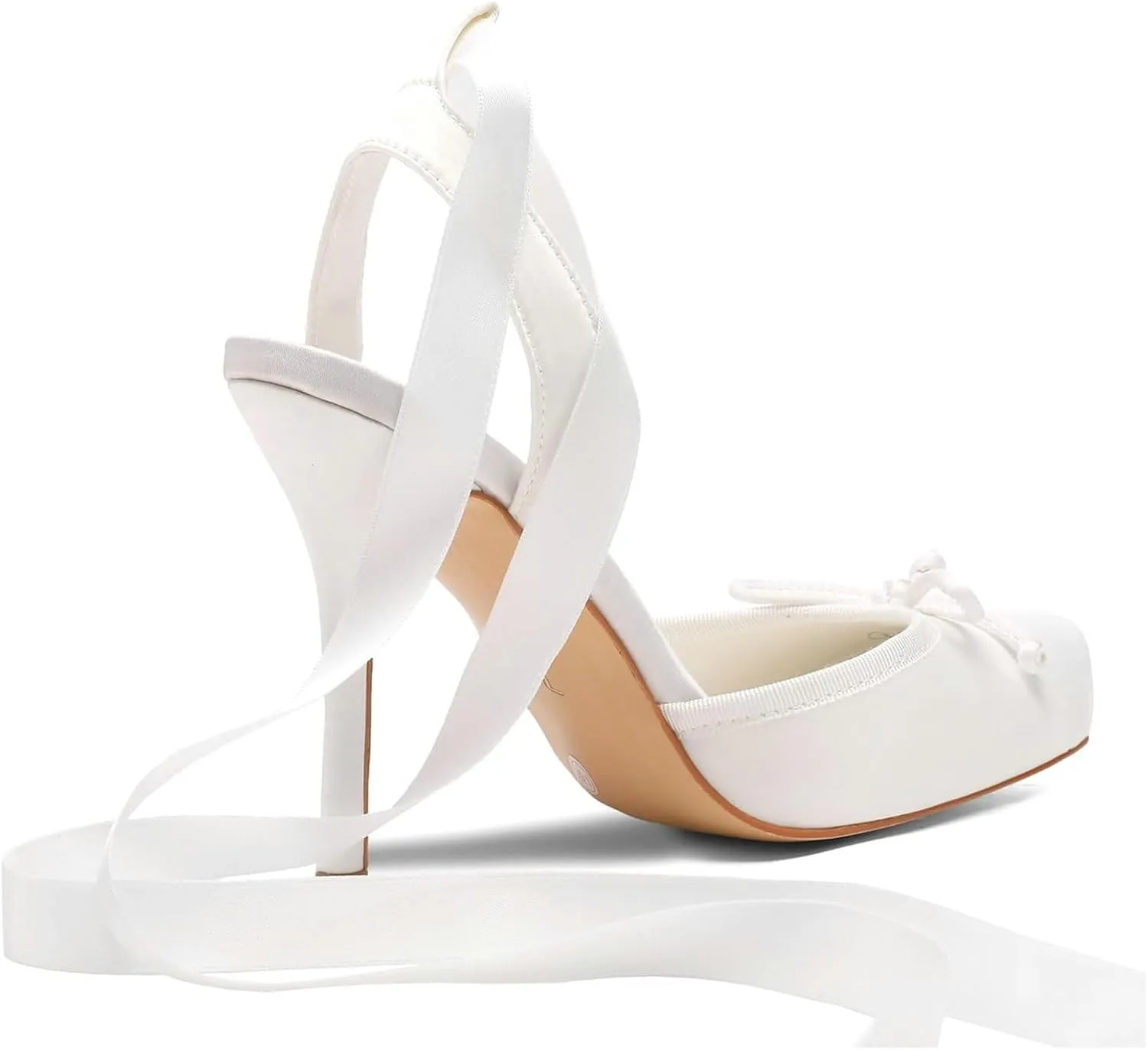 Meefit Satin Ballet Shoes Stiletto High Heels Closed Square Toe Ballerian Pumps with Bow Tie Lace Up Spring Heels