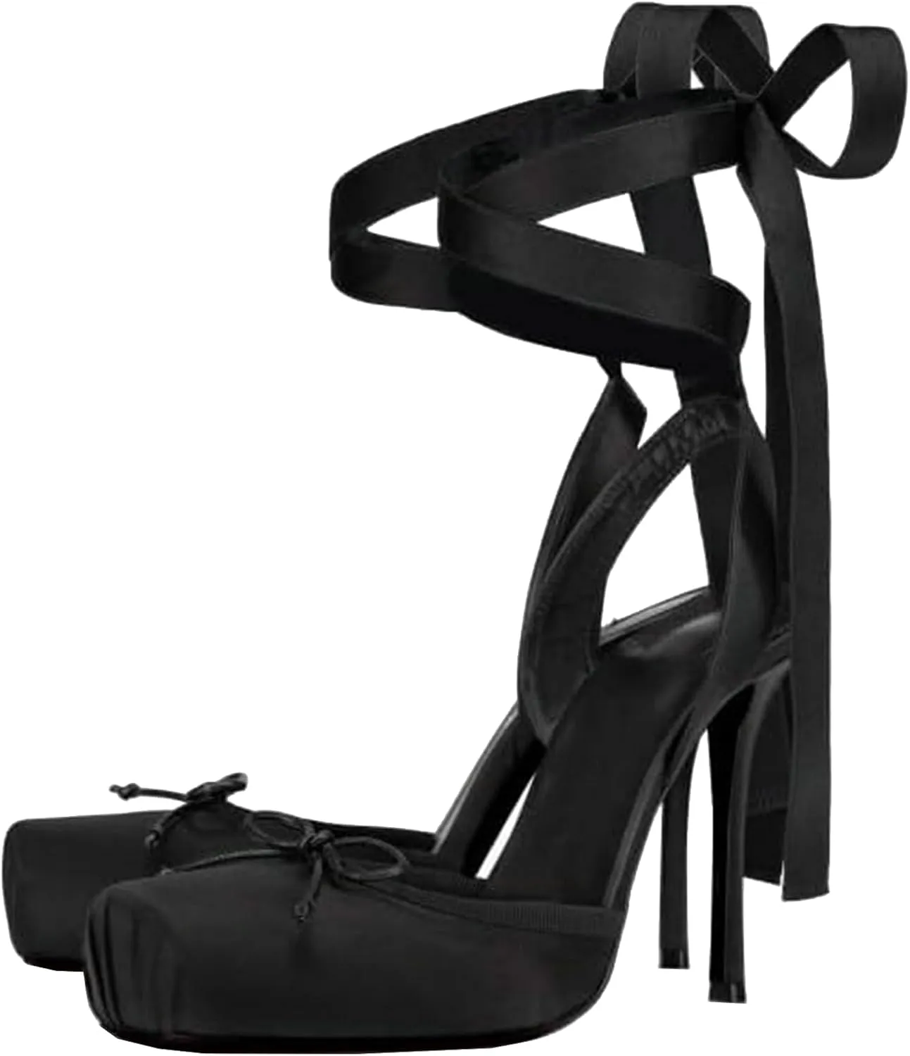 Meefit Satin Ballet Shoes Stiletto High Heels Closed Square Toe Ballerian Pumps with Bow Tie Lace Up Spring Heels