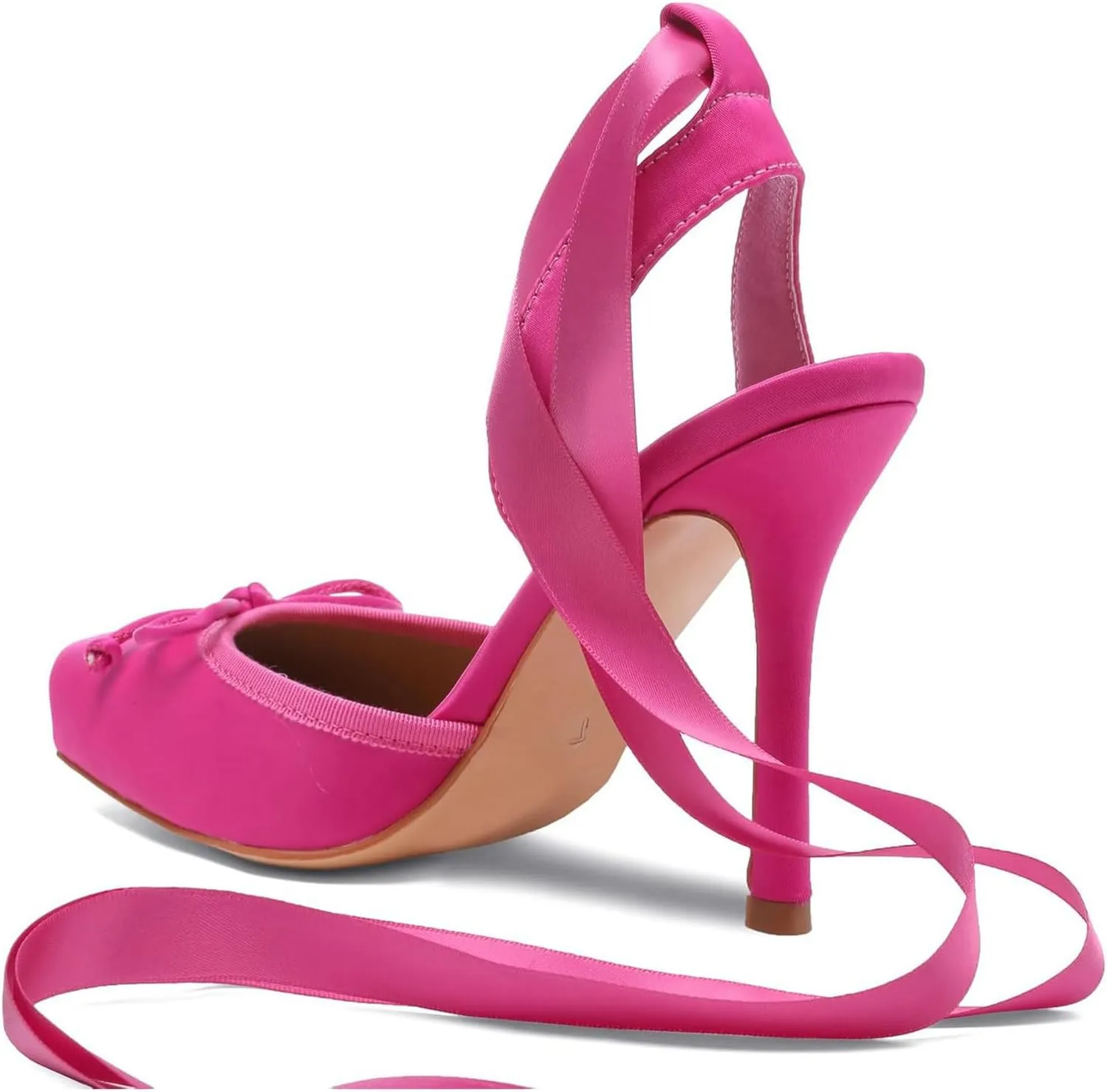 Meefit Satin Ballet Shoes Stiletto High Heels Closed Square Toe Ballerian Pumps with Bow Tie Lace Up Spring Heels