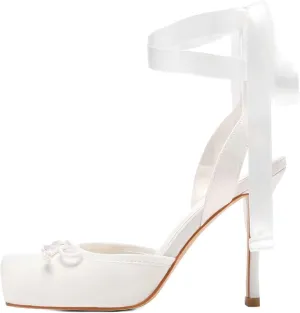 Meefit Satin Ballet Shoes Stiletto High Heels Closed Square Toe Ballerian Pumps with Bow Tie Lace Up Spring Heels