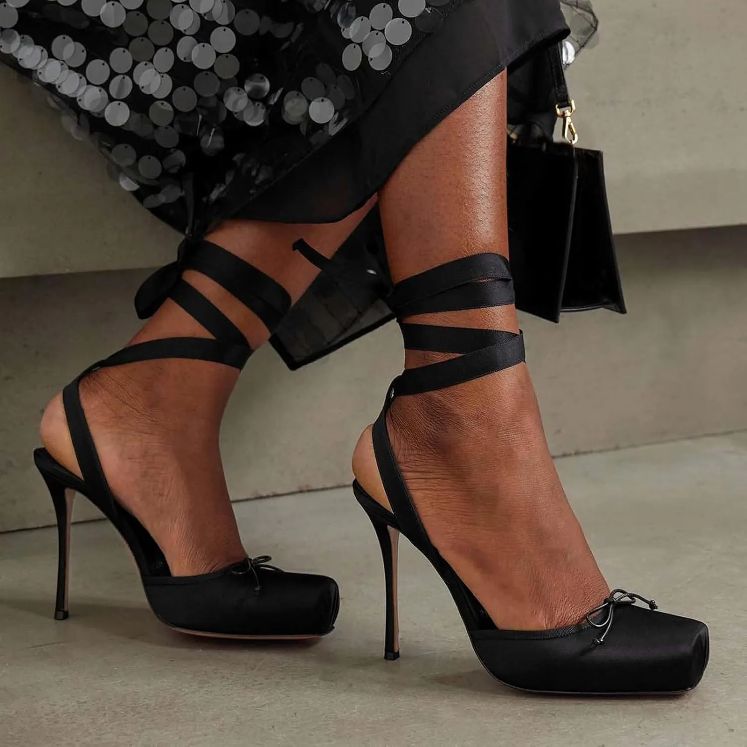 Meefit Satin Ballet Shoes Stiletto High Heels Closed Square Toe Ballerian Pumps with Bow Tie Lace Up Spring Heels