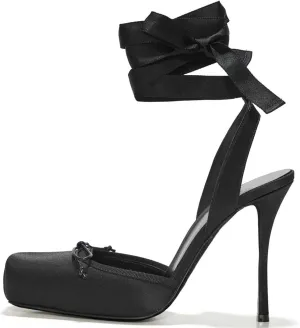Meefit Satin Ballet Shoes Stiletto High Heels Closed Square Toe Ballerian Pumps with Bow Tie Lace Up Spring Heels