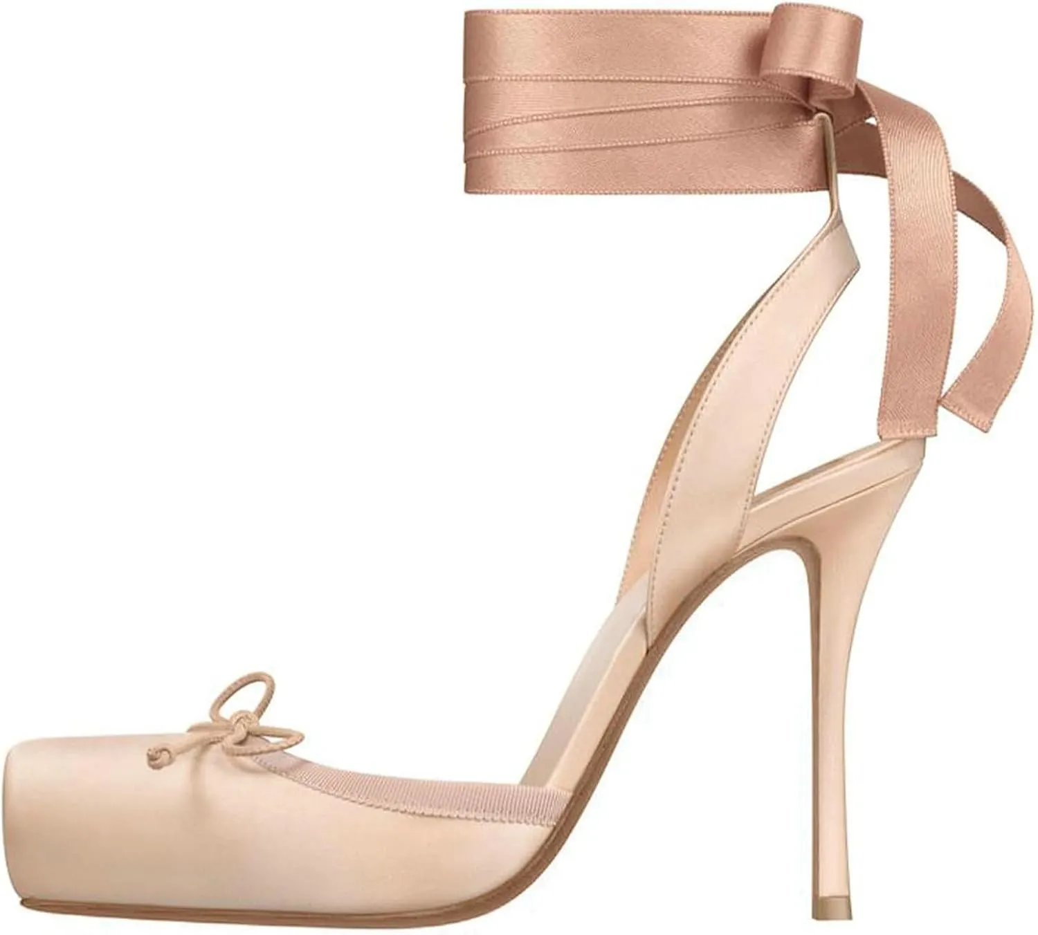 Meefit Satin Ballet Shoes Stiletto High Heels Closed Square Toe Ballerian Pumps with Bow Tie Lace Up Spring Heels