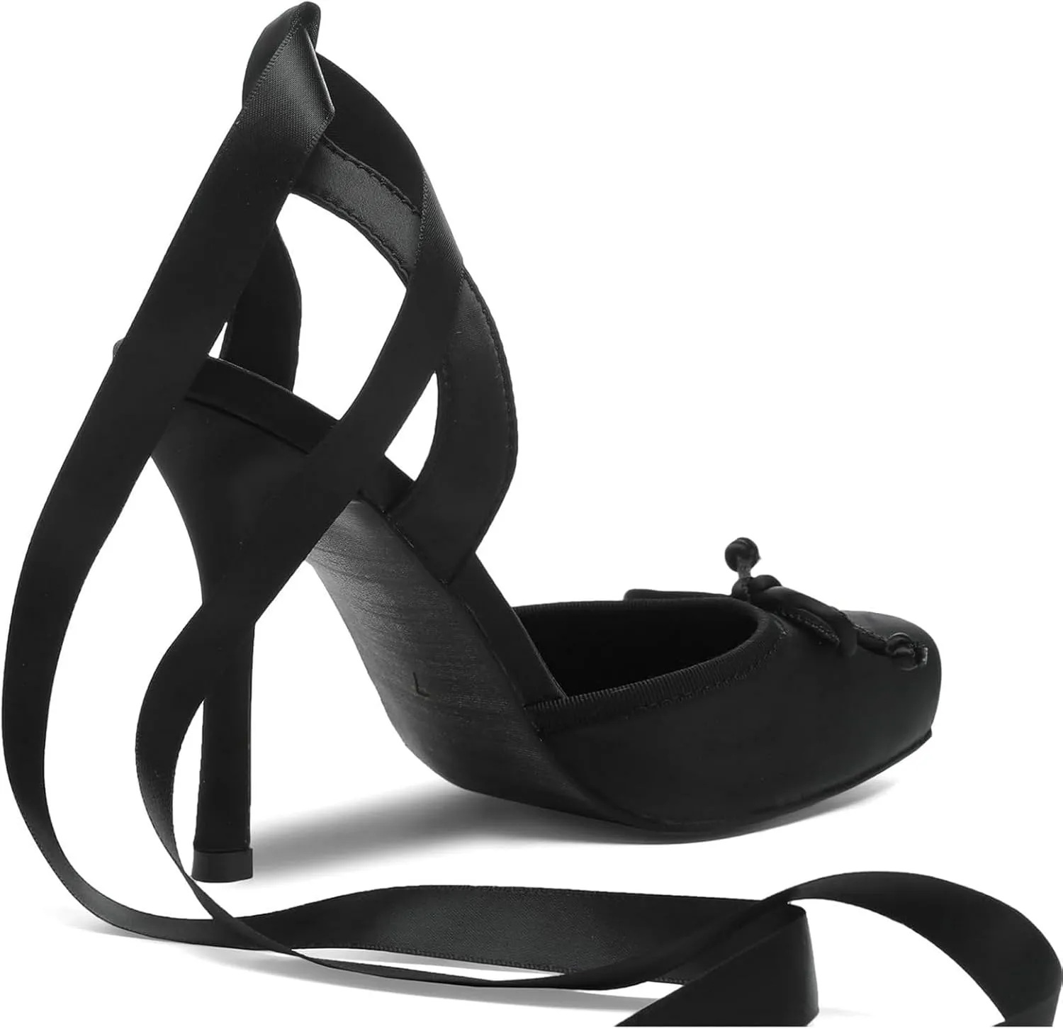 Meefit Satin Ballet Shoes Stiletto High Heels Closed Square Toe Ballerian Pumps with Bow Tie Lace Up Spring Heels